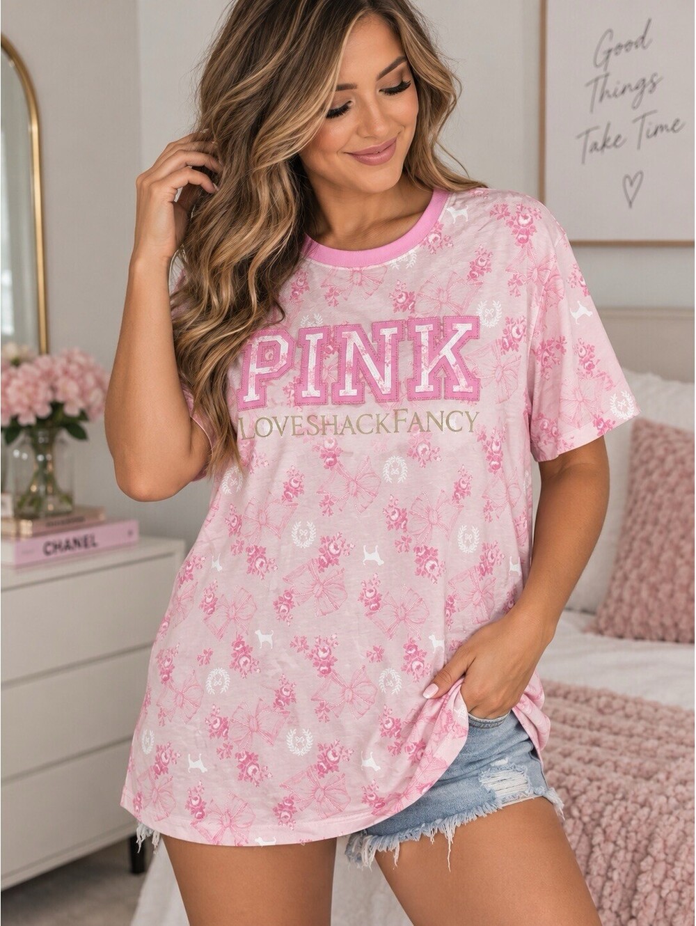 Victorias Secret PINK LOVESHACKFANCY NEW Floral Campus Tee NWT M LOVESHACK